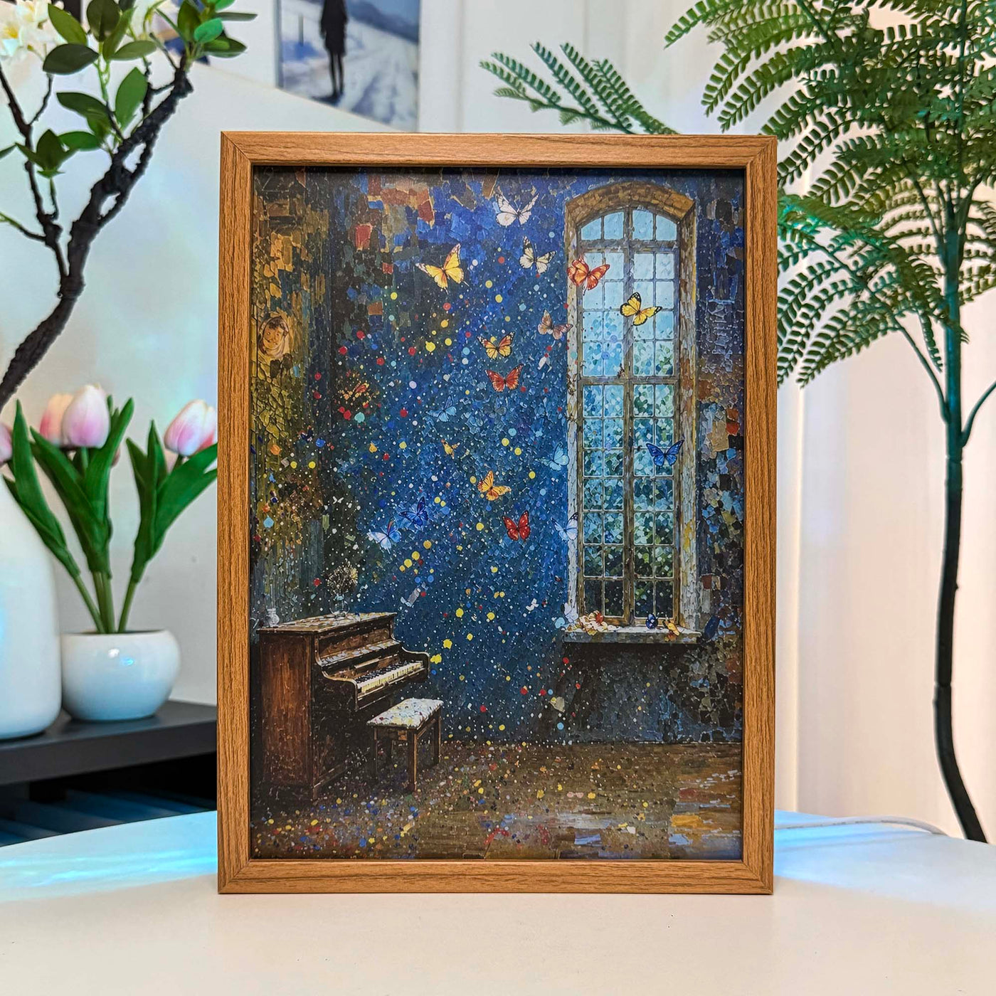 Piano Sunlight LED Light Box, Butterfly Window Wall Art, Cozy Ambient Light Painting, Living Room Decor with the light off