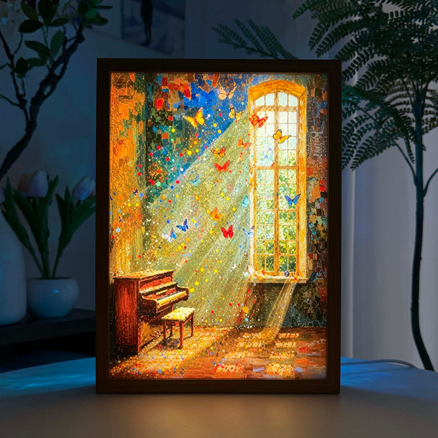 Piano Sunlight LED Light Box, Butterfly Window Wall Art, Cozy Ambient Light Painting, Living Room Decor