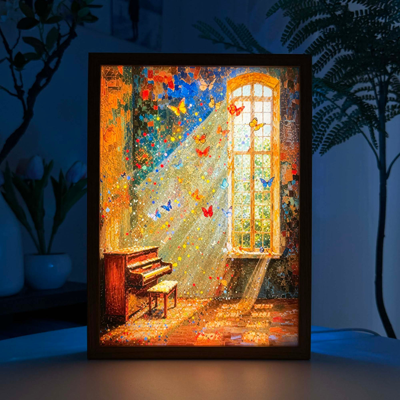 Piano Sunlight LED Light Box, Butterfly Window Wall Art, Cozy Ambient Light Painting, Living Room Decor with the light on